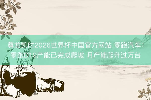 尊龙凯时2026世界杯中国官方网站 零跑汽车：零跑D19产能已完成爬坡 月产能爬升过万台
